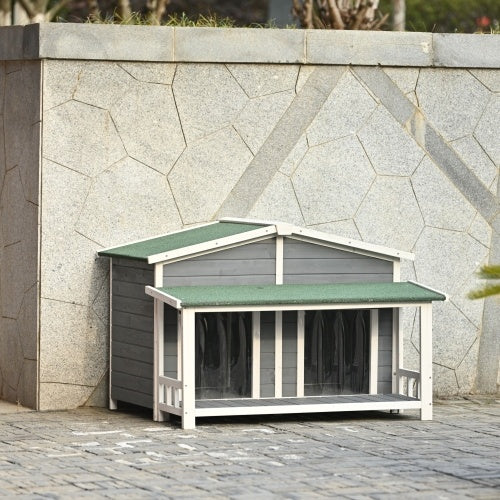 GO 47.2 Large Wooden Dog House Outdoor, Outdoor & Indoor Dog Crate, Cabin Style, With Porch, 2 Doors, Gray And Green