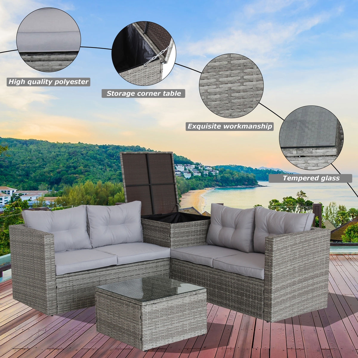4Pc Patio Sectional Wicker Rattan Sofa Set W Storage Box Grey