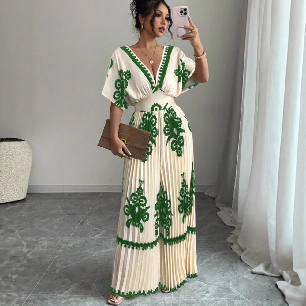 Casual Printed Loose Short-Sleeved Jumpsuit