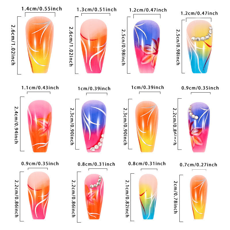 Color Gradient Flower Rhinestone Fake Nails
