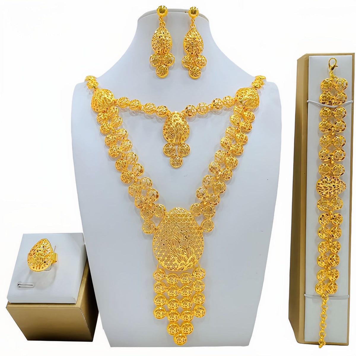 Gold Jewelry Suit Arabic Bridal Wedding Necklace Bracelet Earrings Ring
