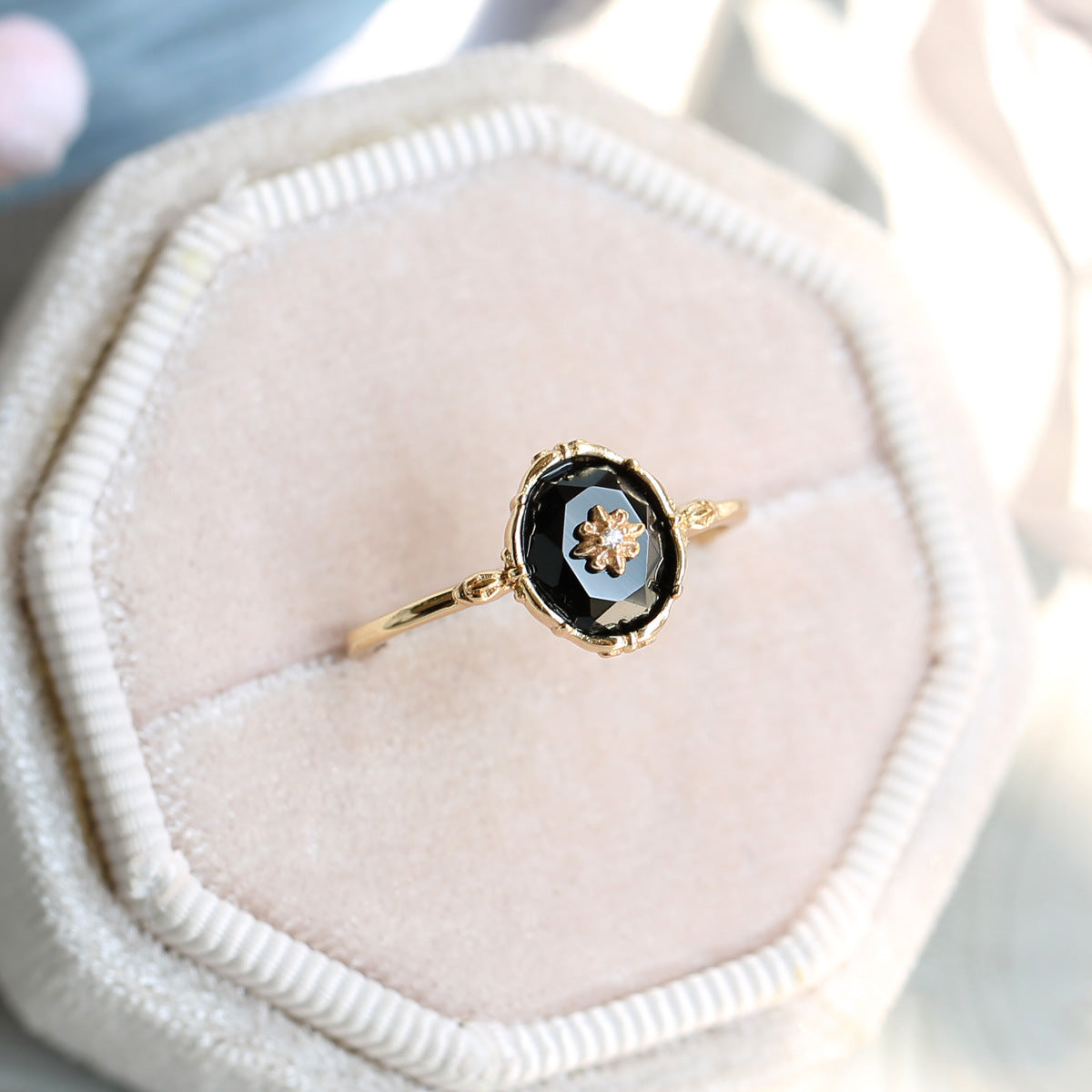 Natural Black Agate Flower Cut Ring