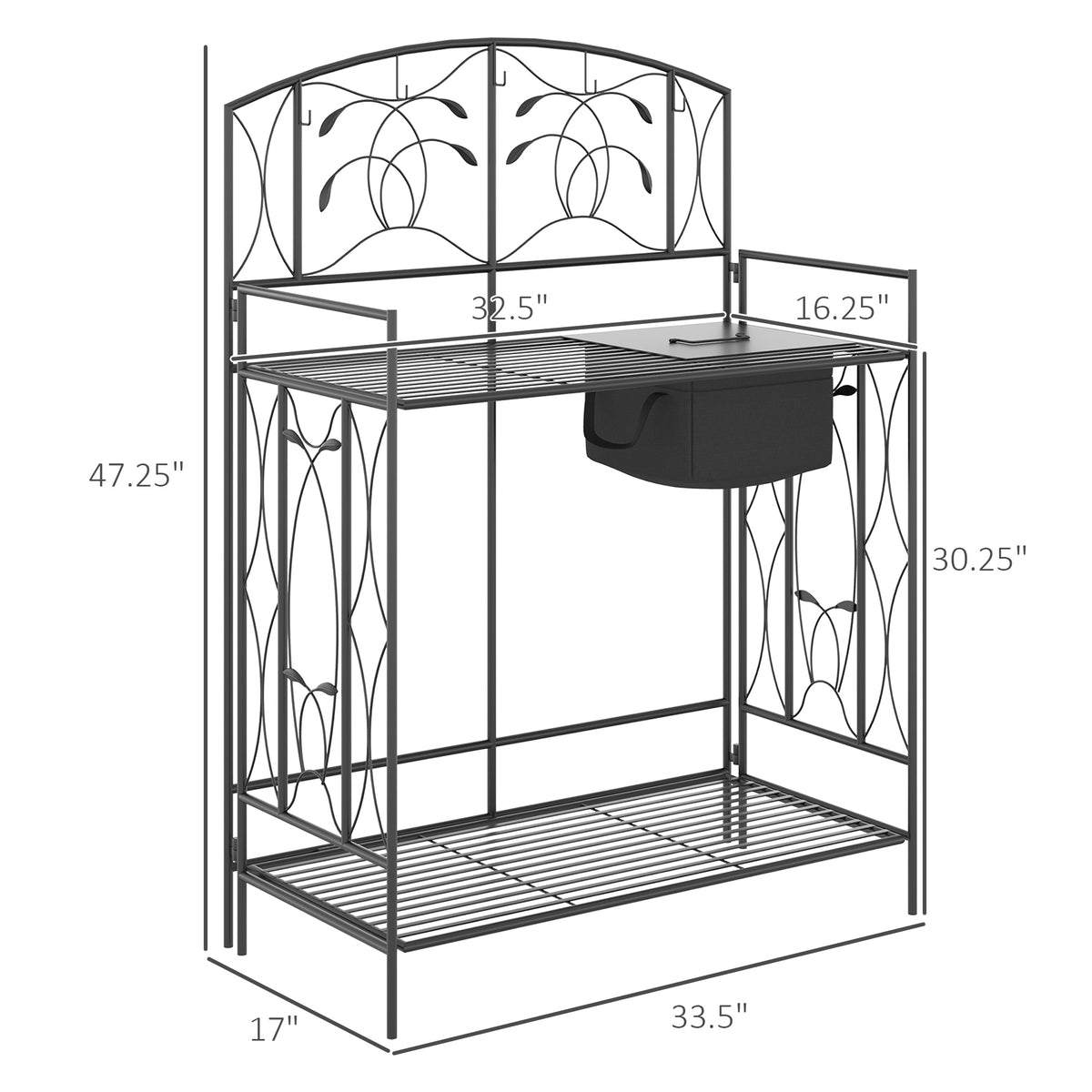 Folding Potting Bench Table, Metal Garden Workstation, Work Bench With Large Built-in Bag With Cover, 5 Hanging Hooks & Storage Shelf, Leaf Pattern