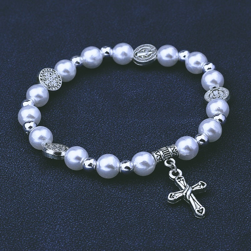 Vintage Pearl Cross Bracelet