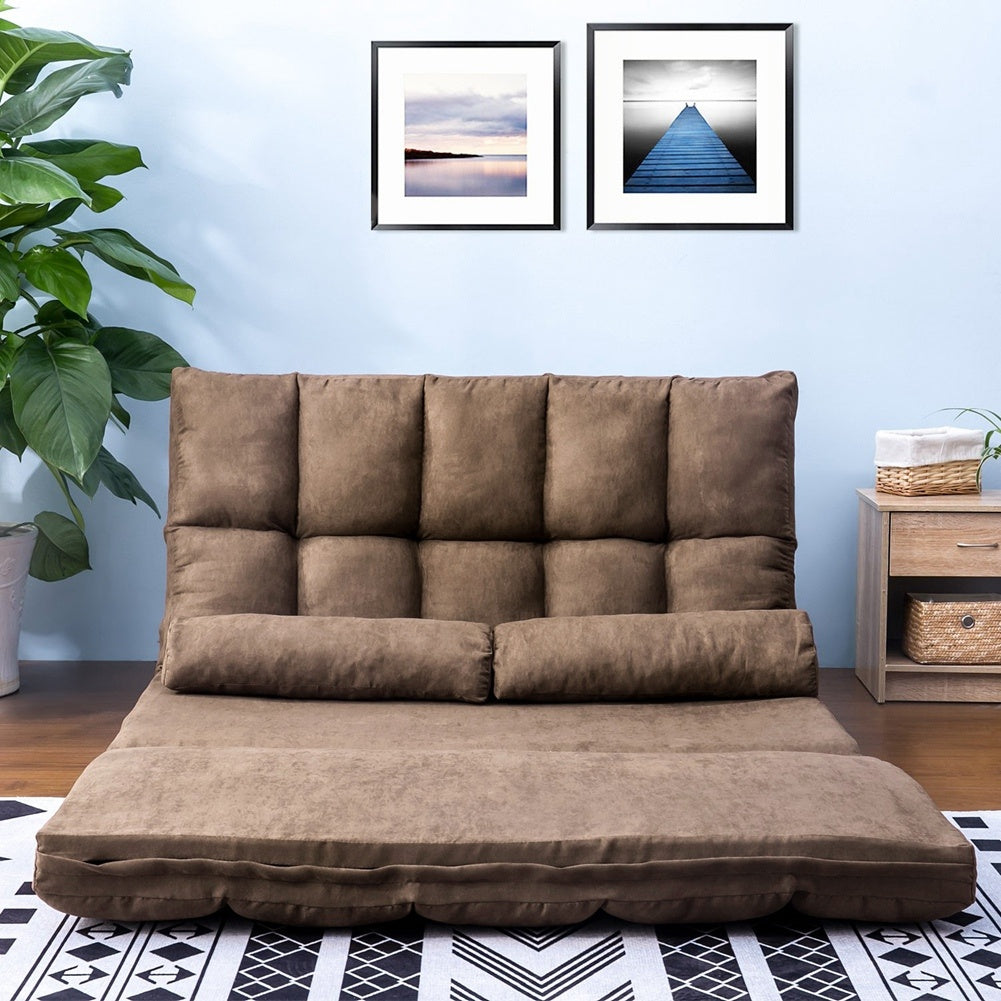 Double Chaise Lounge Sofa Chair Floor Couch with Two Pillows (Brown)