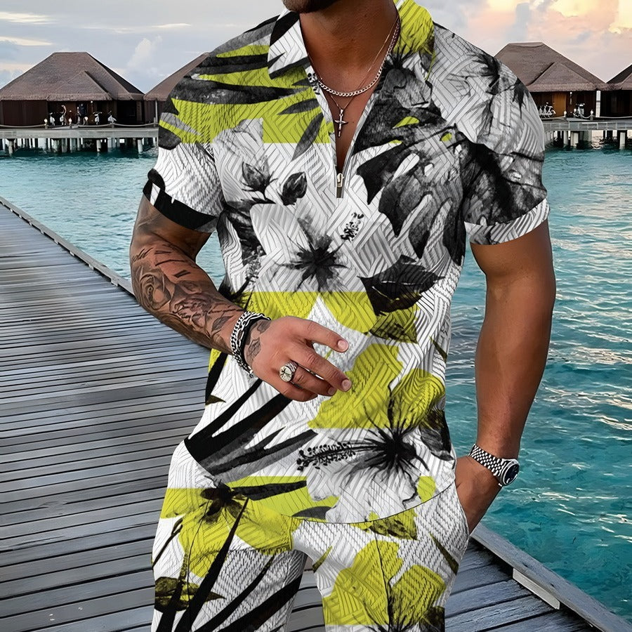 Men's Sports Casual Retro Flower T-shirt Shorts Set Zipper