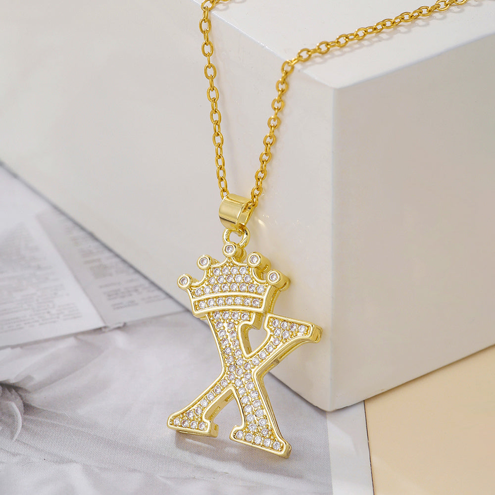 1PCS Fashionable Gold Diamond Crown Uppercase Letter Popular Pendant Necklace, Suitable For Daily Use, Festivals, Parties, Gifts Jewelry Set