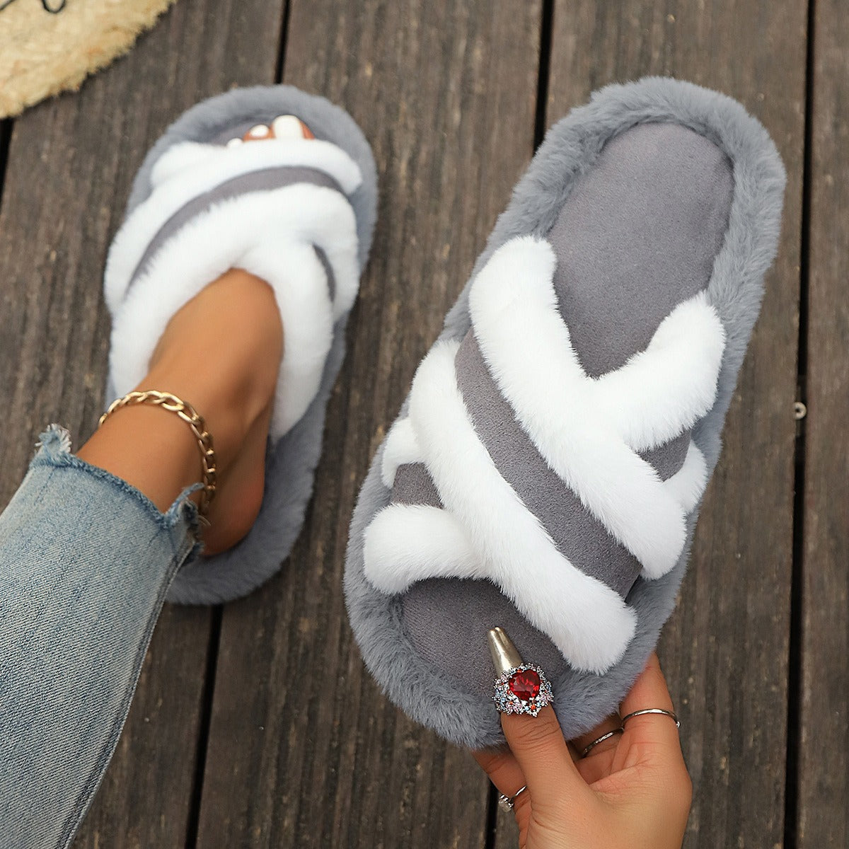 Fluffy Slippers Cross Strap Stitching Warm Casual Platform Slippers