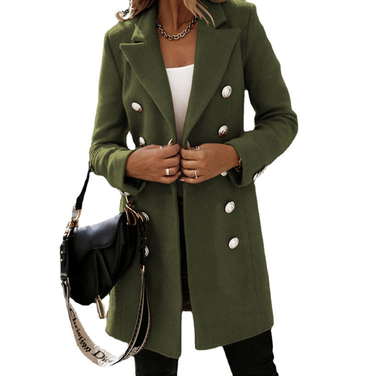 Fashion Turndown Collar Jacket For Women Autumn Winter Long-Sleeved Double-Breasted Woolen Coat