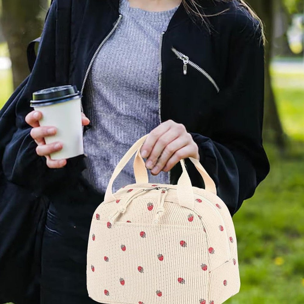 Corduroy Strawberry Large Capacity Lunch Bag