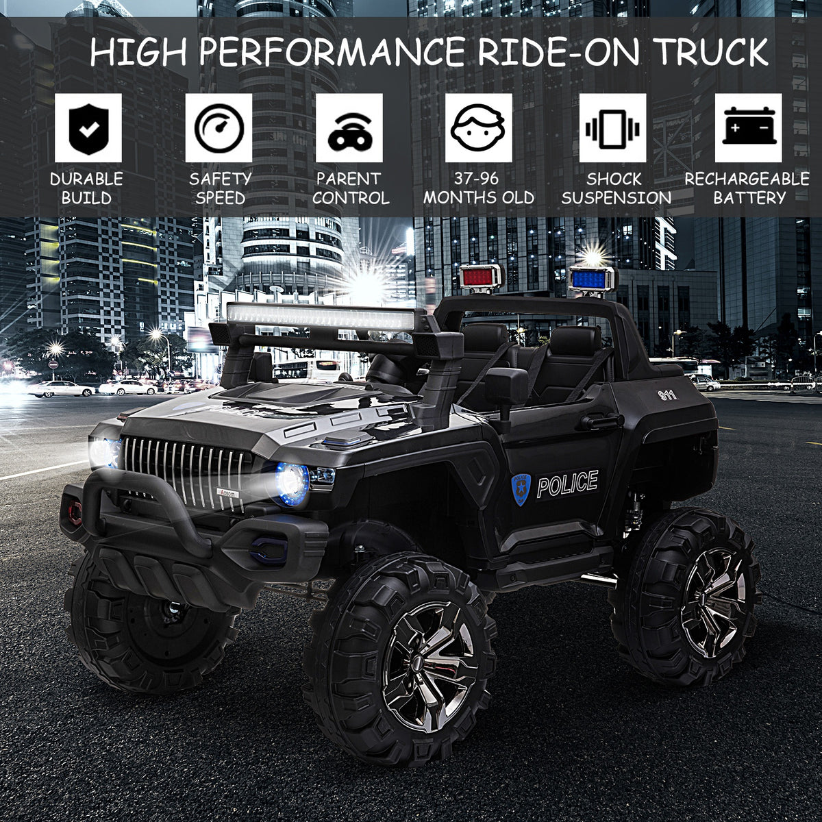 Kids Ride-On Car 12V RC 2-Seater Police Truck Electric Car For Kids with Full LED Lights