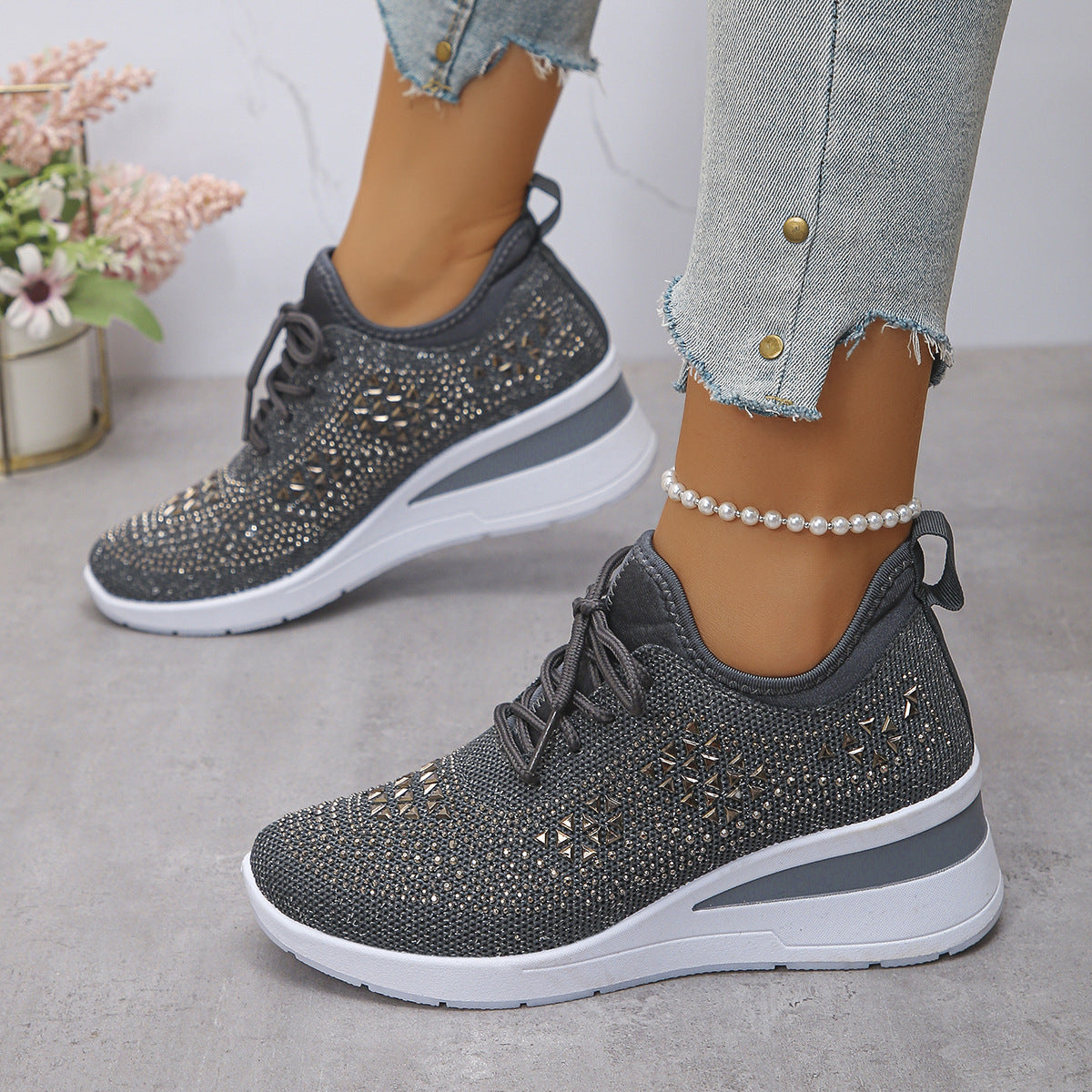 Ins Rhinestone Sneakers Fashion Lace Up Wedges Casual Shoes Women's Daily Commuting Sports Shoes