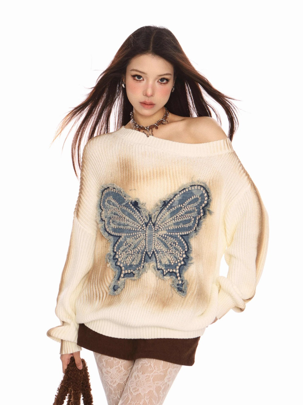 Women's Embroidered Butterfly Shoulder Sweater