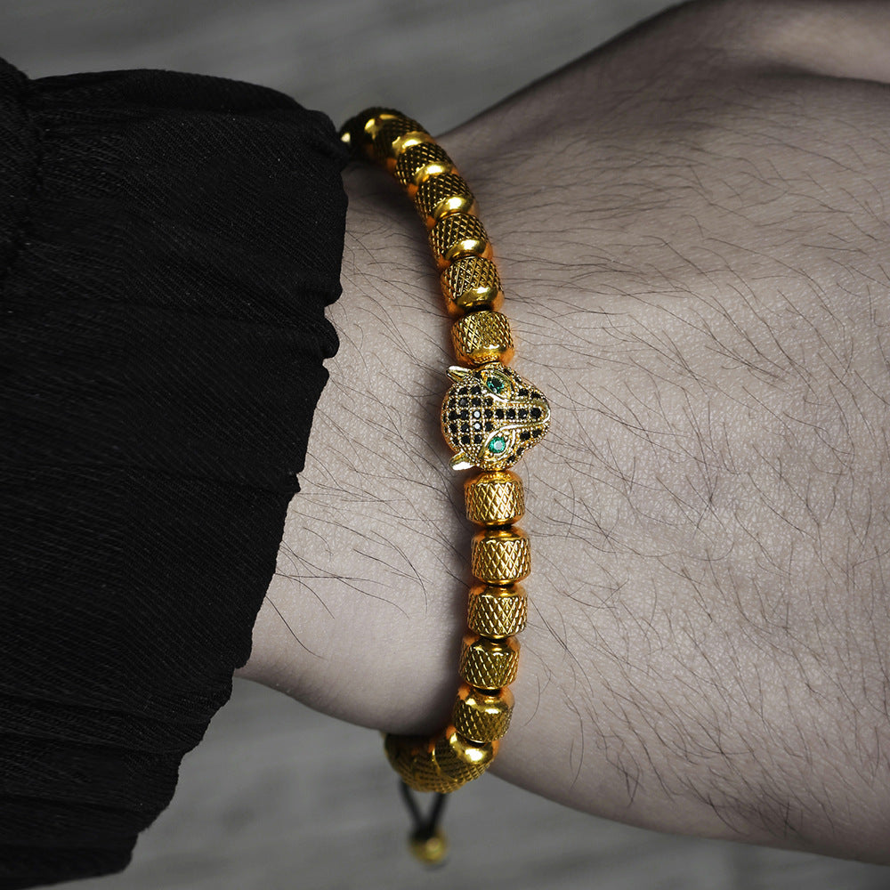 Zircon Leopard Head Stainless Steel Pineapple Bead Bracelet
