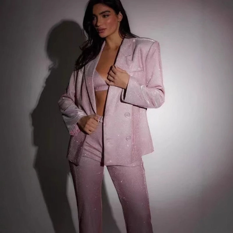 3pcs Shiny Long-sleeved Suit with Bra Lapel Blazer and Straight-Leg Trousers Fashion Party Jacket Set for Women Clothing