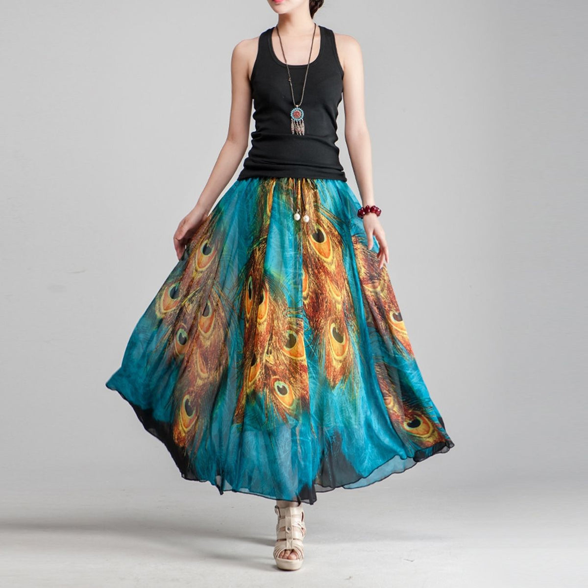 Peacock Feather Print Round Neck Skirt