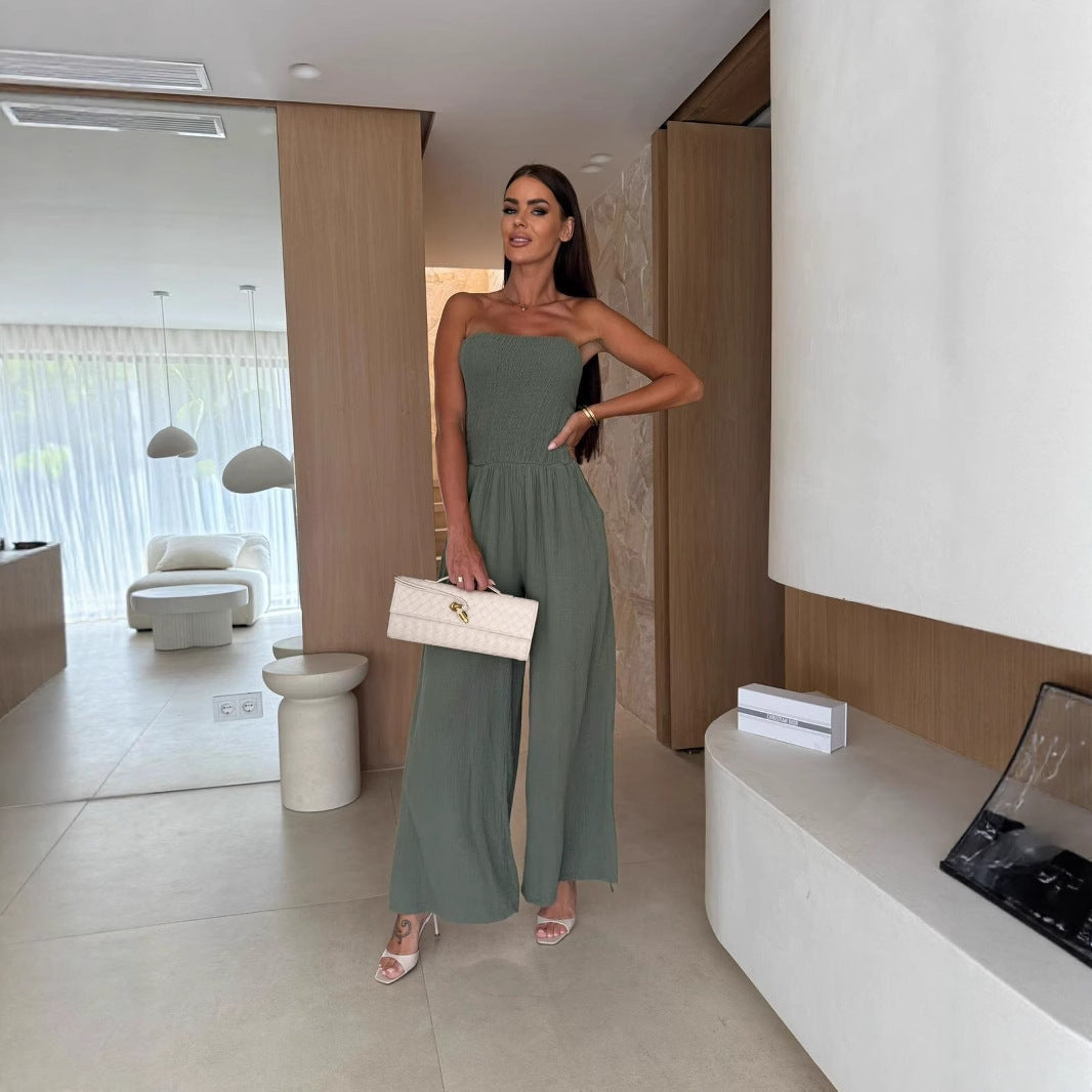 Double Layer Cotton Solid Color One Neck Pocket Waist Jumpsuit Women's Clothing