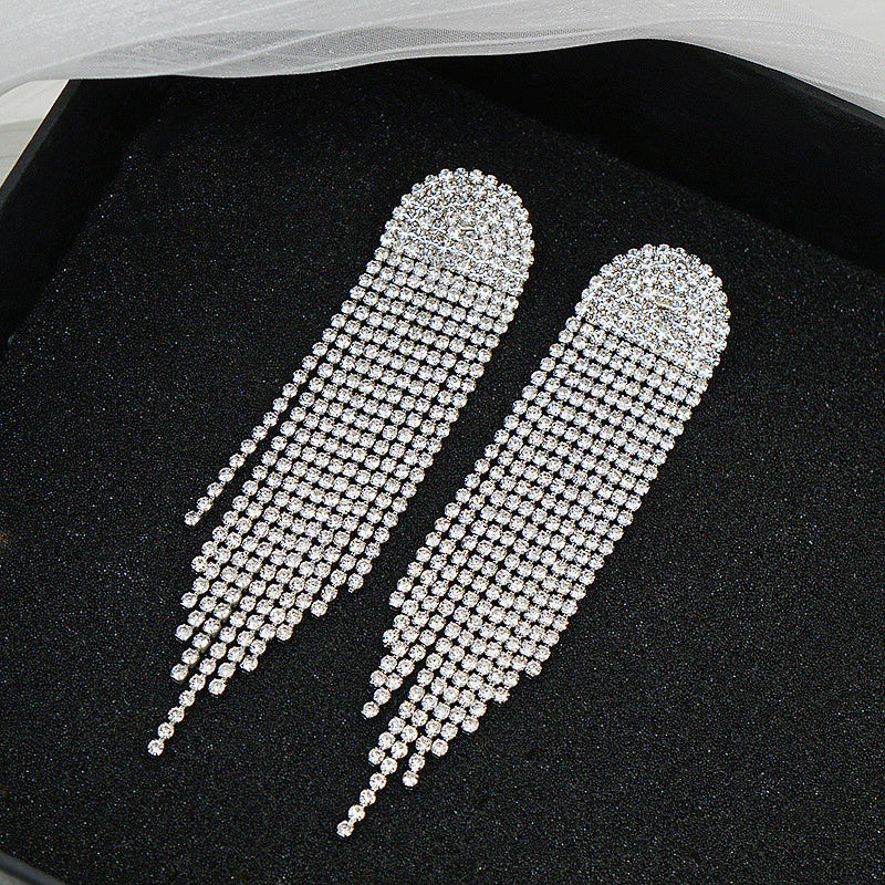 Exaggerated Full Drill Stud Earrings With Extra Long Tassel Rhinestones