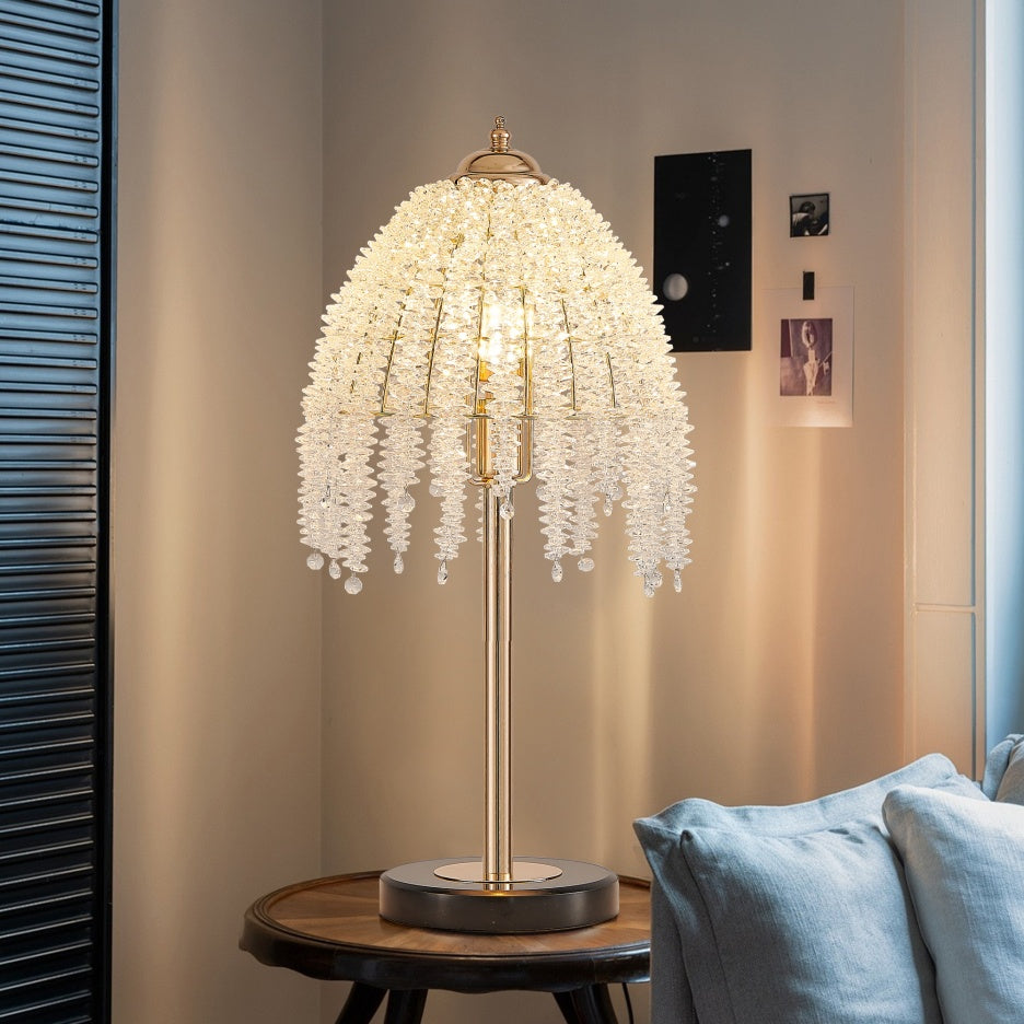 19inch H Elegant Crystal Table Lamp Vintage Waterfall Design With Crystal Bead String Shades And Marble Textured Base For Living Room, Bedroom, Or Office Bulb Not Included