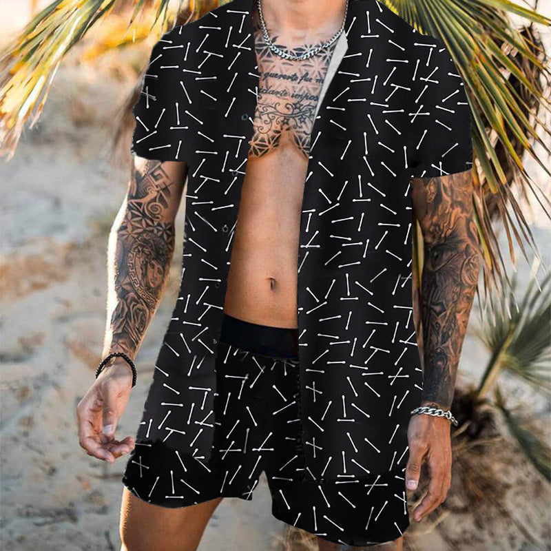 Print Lapel Short Sleeve Shirt Set Summer Mens Fashion Beach
