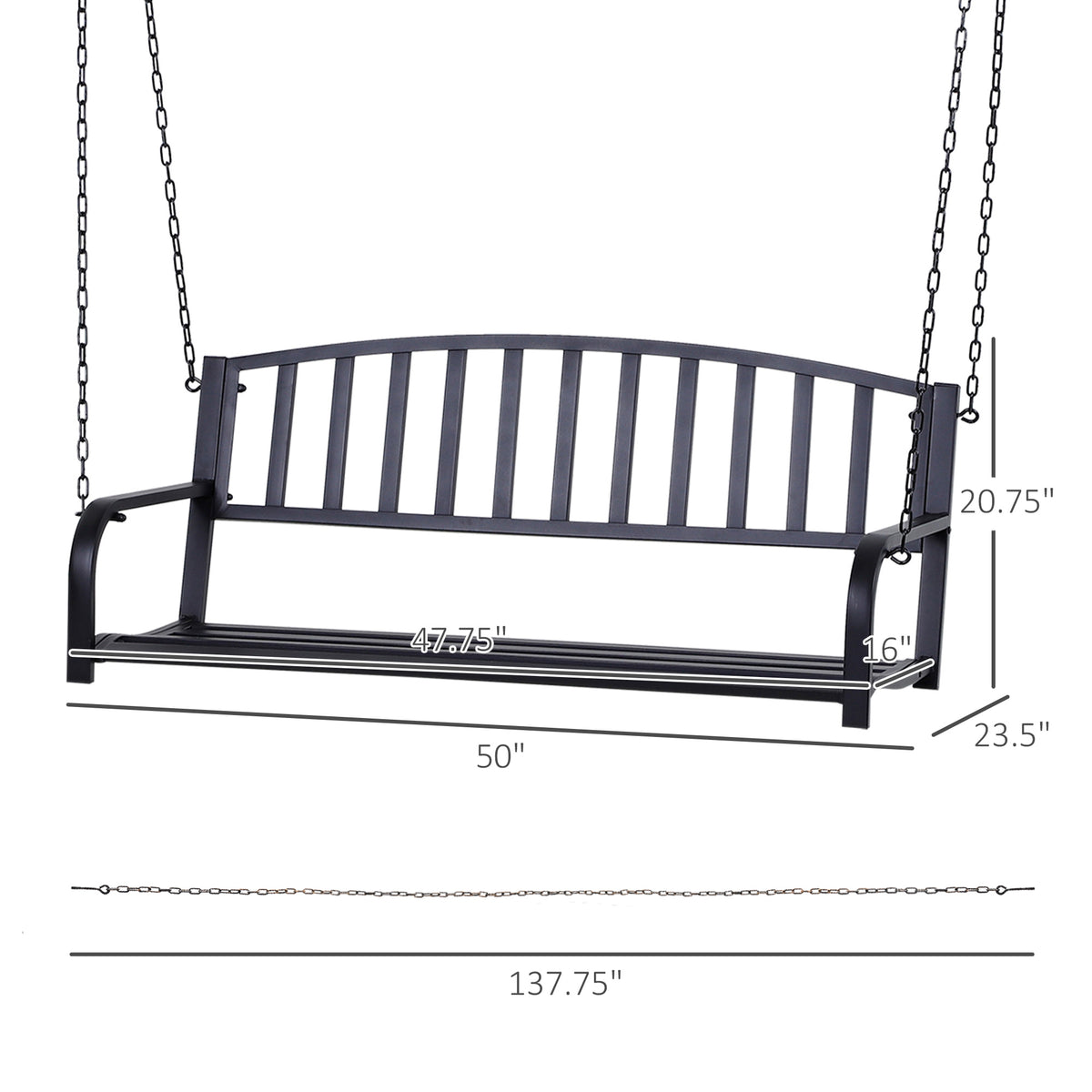 2 Person Front Porch Swing Patio Swing Bench, Outdoor Steel Swing Chair With Sturdy Chains, For Backyard, Deck, 528 Lb Weight Capacity, Black