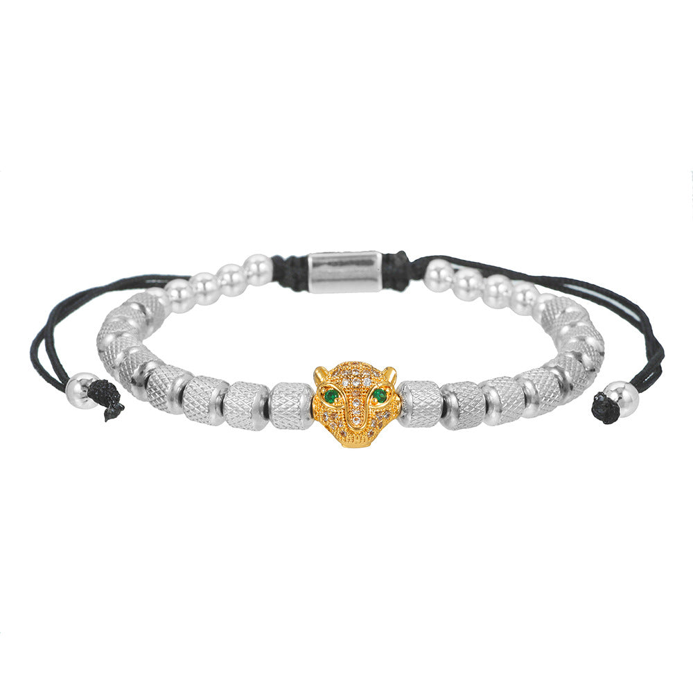 Zircon Leopard Head Stainless Steel Pineapple Bead Bracelet
