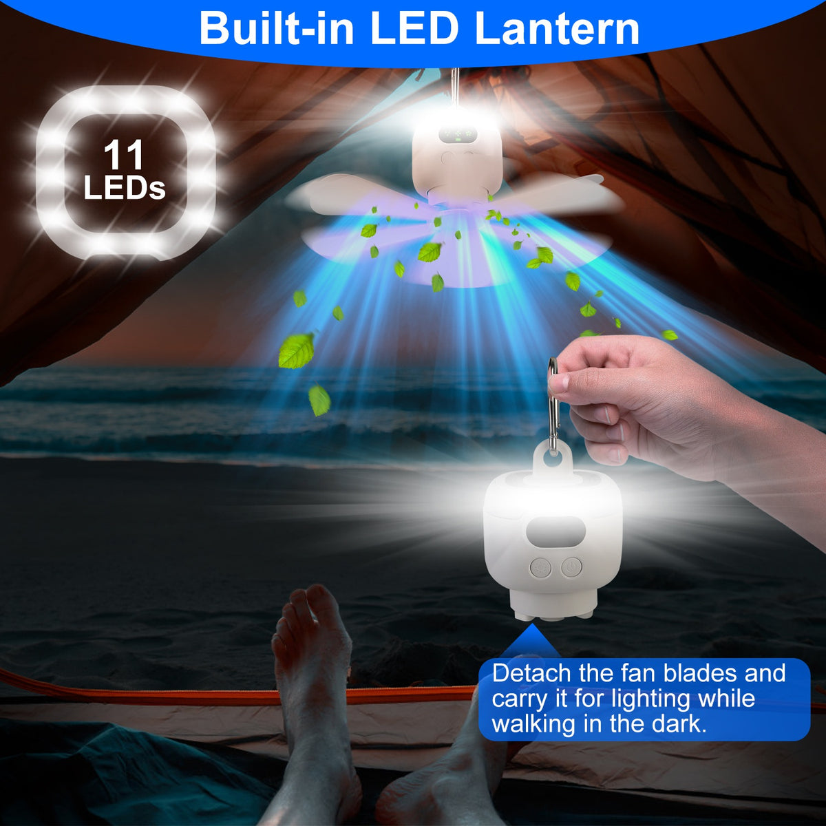1Pc 2 In 1 Portable Camping Fan With LED Lantern 8000mAh Battery Powered Tent Fan With Carabiner Digital Display 4 Speeds 4 Timer Settings For Camping Canopy Tents RV
