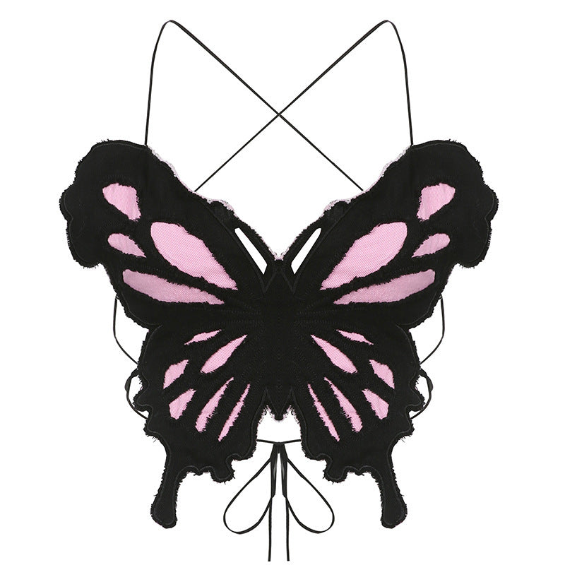 Contrast Color Butterfly V-Neck Slim Tube Top Vest