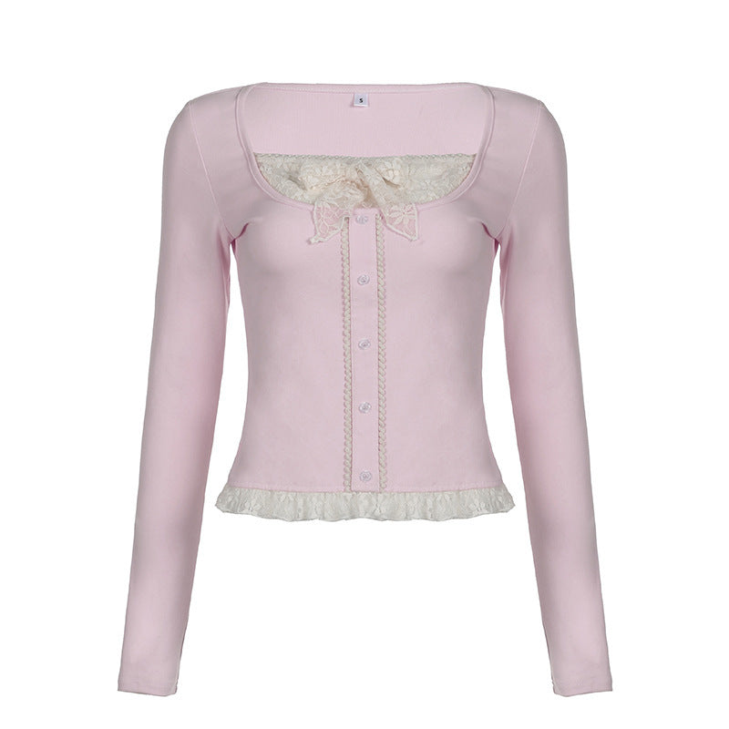 Girl's Lace Stitching Contrast Color Knitted Long-Sleeved Top T-shirt