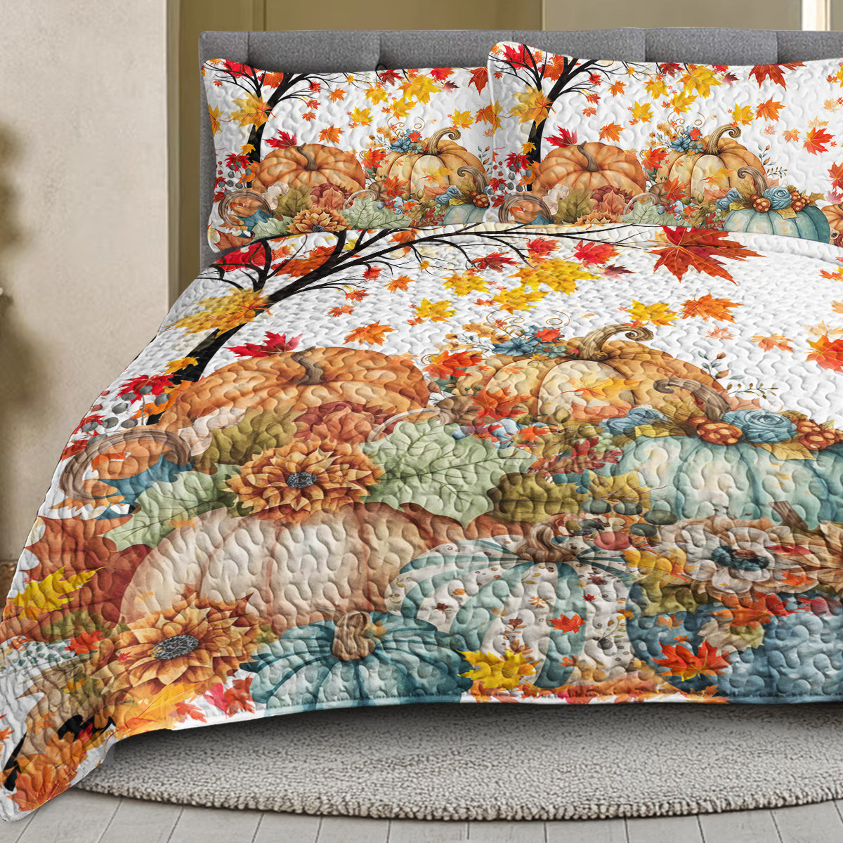3 Pieces Colorful Oil Painting Pumpkin Pattern Quilt Set Twin Full Queen King Size For All Seasons Flower Fall Leaves Bedding Set With 2 Pillowcases For Kids Adults Thanksgiving Day Gifts
