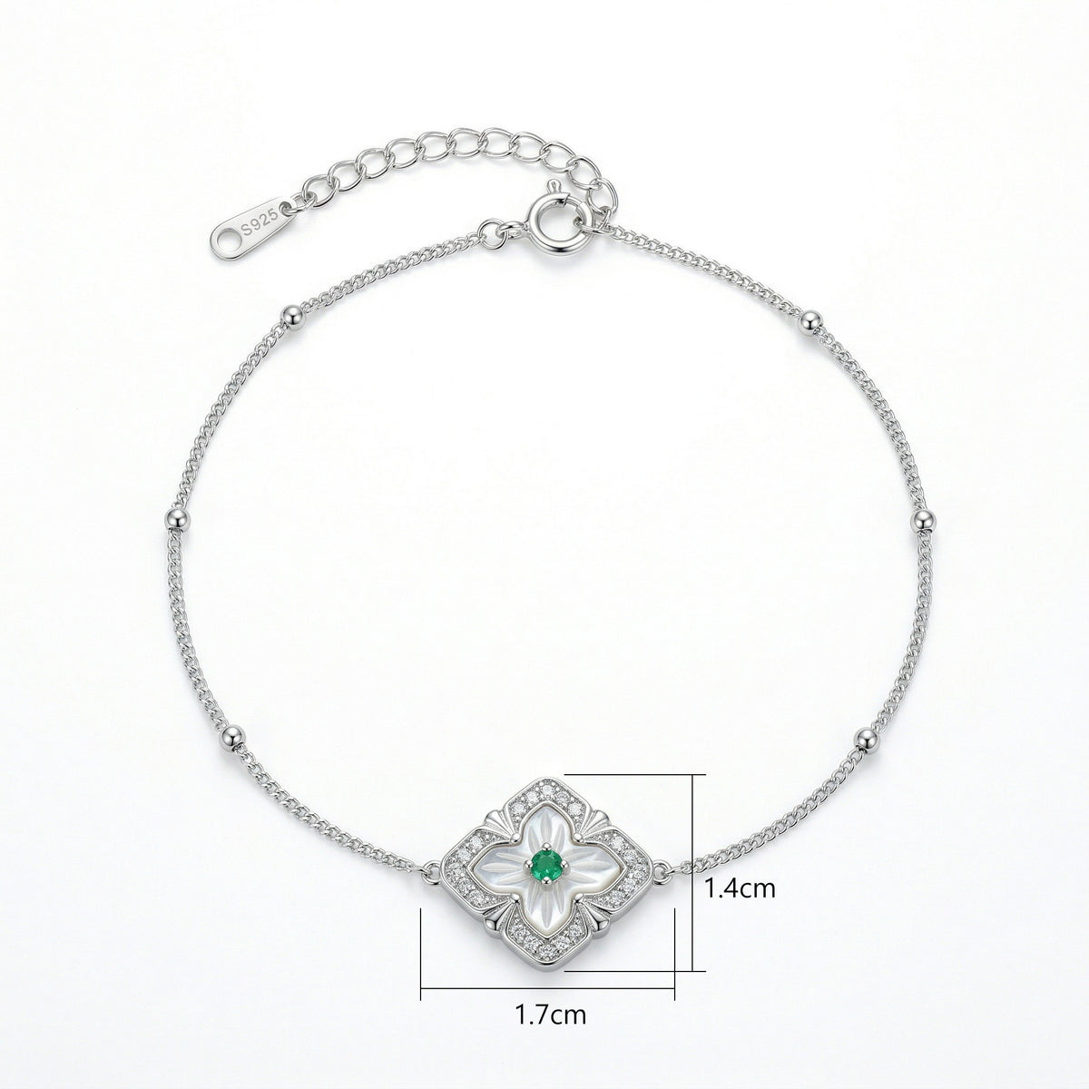 925 Sterling Silver Elegant Sterling Silver Clover Bracelet with Mother of Pearl and Green Gemstone