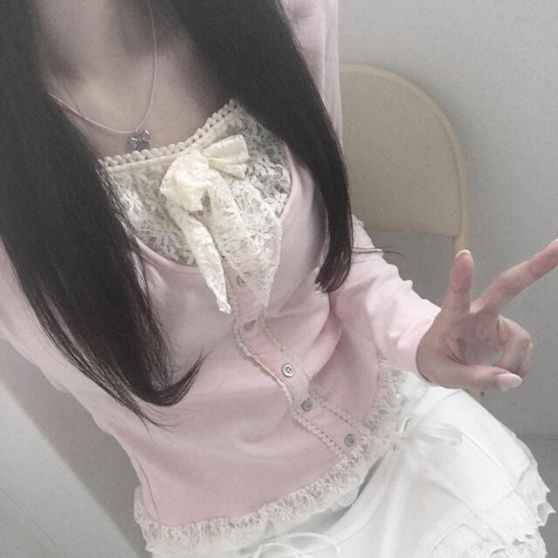 Girl's Lace Stitching Contrast Color Knitted Long-Sleeved Top T-shirt