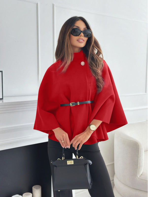 New Stand Collar Batwing Sleeves Cloak Top With Belt Ins Fashion Temperament Jacket Woolen Sweater Outwear For Women Clothing