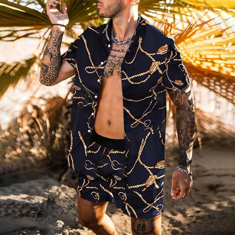 Print Lapel Short Sleeve Shirt Set Summer Mens Fashion Beach