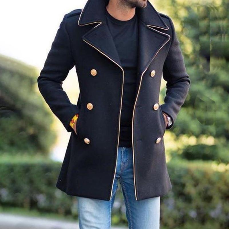 New Men's Woolen Stand Collar Mid-Length Casual Coat with Pockets