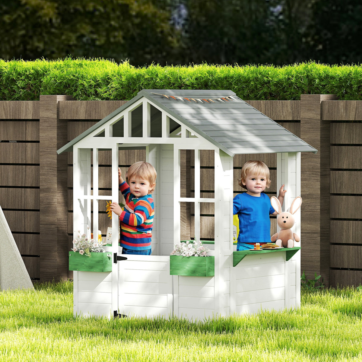 Kids Wooden Playhouse, Outdoor Garden Games Cottage with Flowers Pot Holder, Working Door, Windows, White