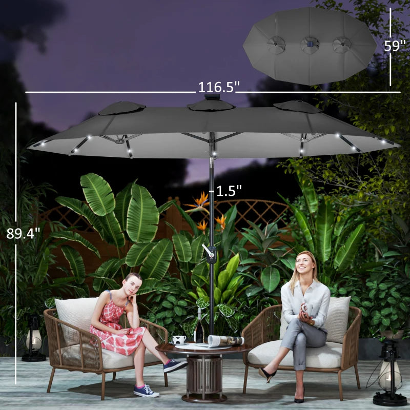 Double-sided Patio Umbrella, 9.7' Outdoor Umbrella With Tilt And Crank, LED Solar Light And 12 Ribs, Gray