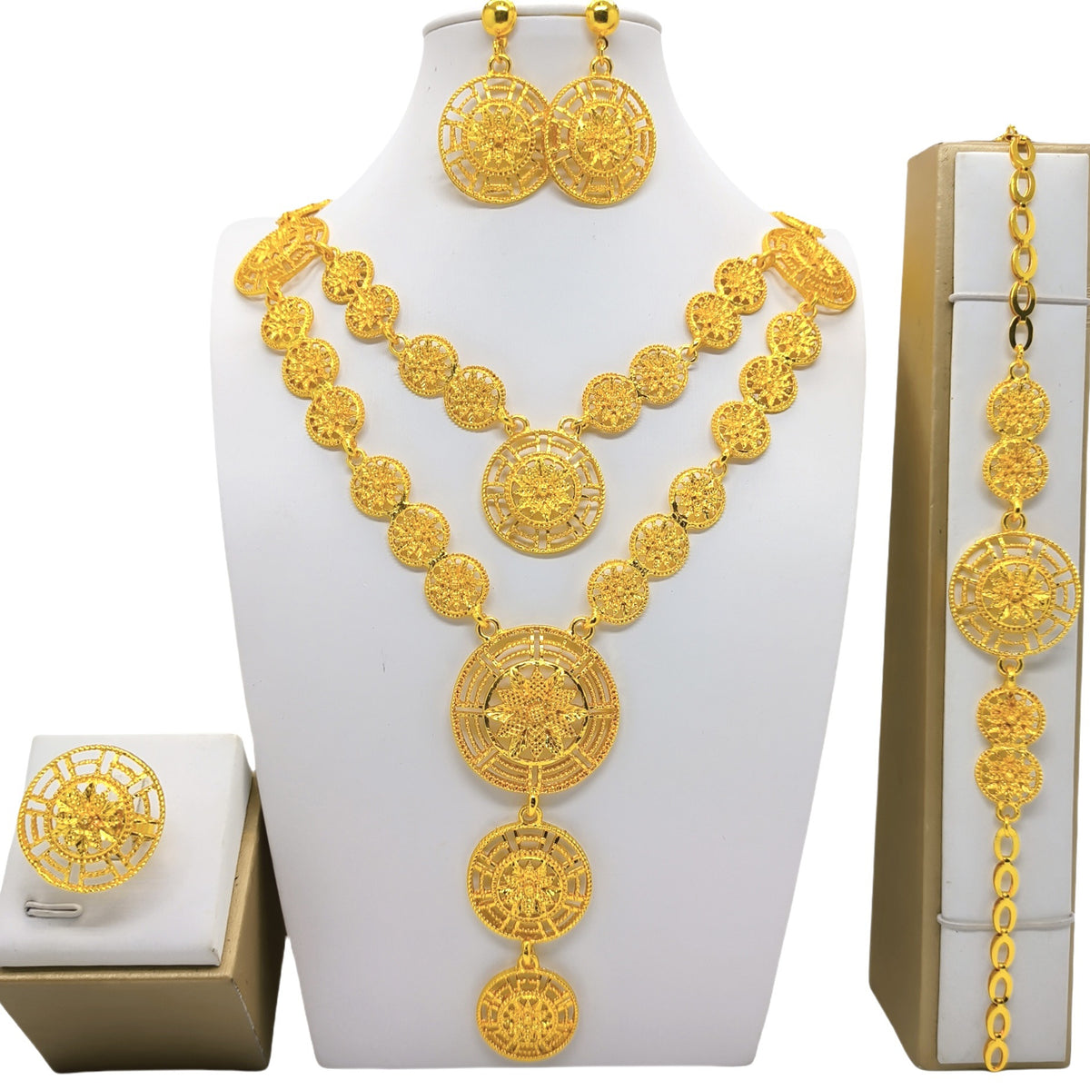 Gold Jewelry Suit Arabic Bridal Wedding Necklace Bracelet Earrings Ring