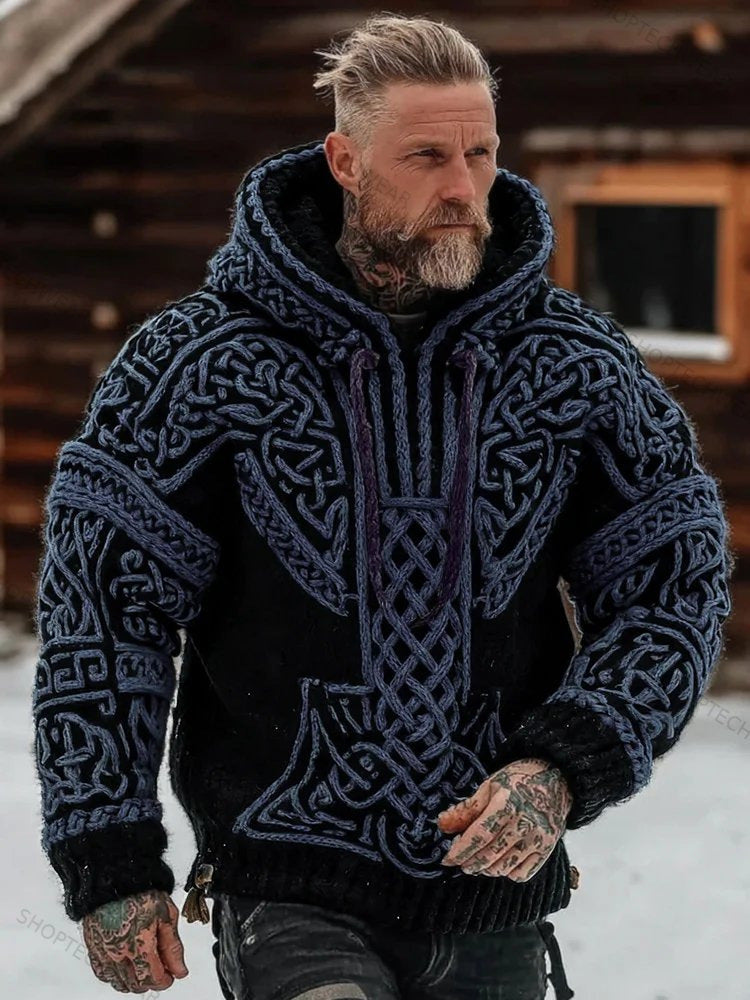 Mens Printed Hooded Knitted Sweatshirt Top