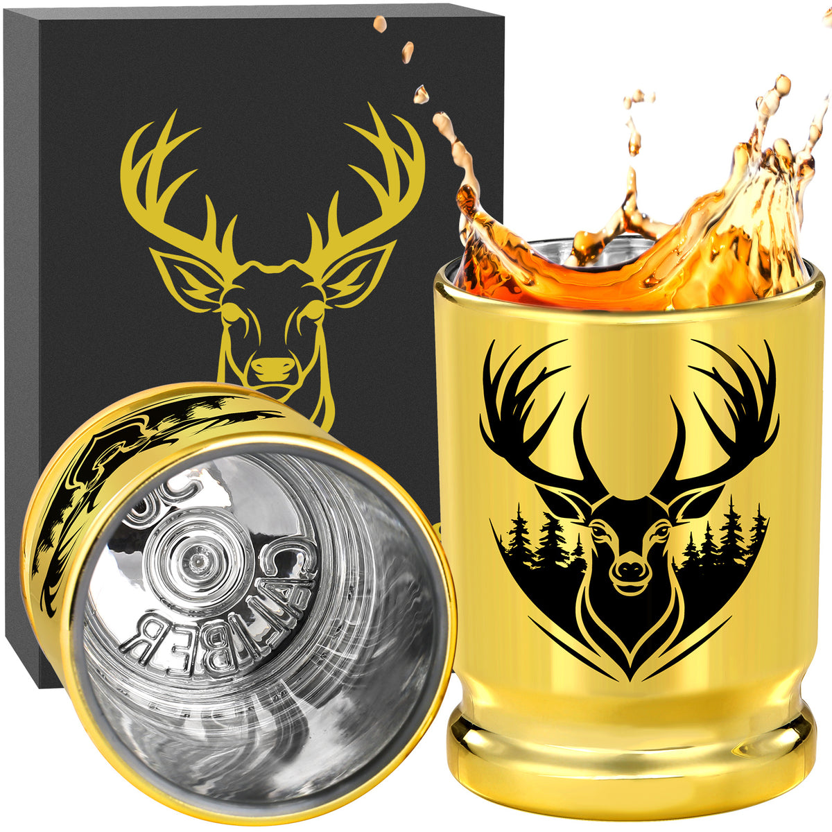 2pcs 50 Caliber Deer Head Golden Plastic Wine Glasses With Gift Box - Leak Proof, Reusable - Stylish Animal Print Design, Suitable For Whiskey, Tequila, Etc