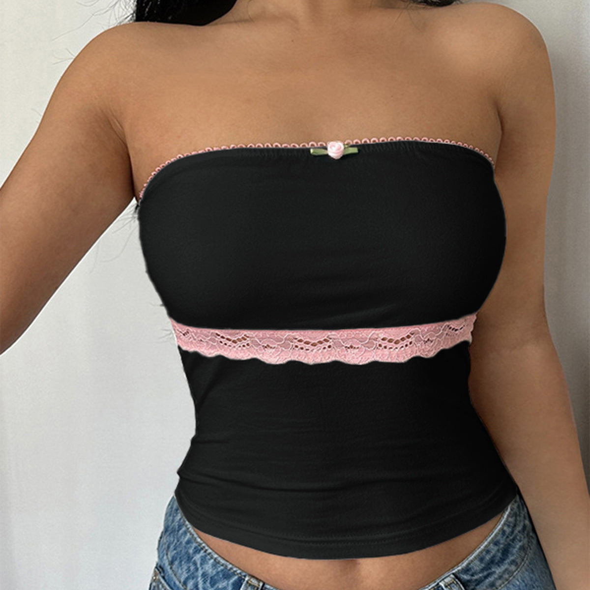 Contrast Color Lace Stitching Tube Top Vest Slim Top
