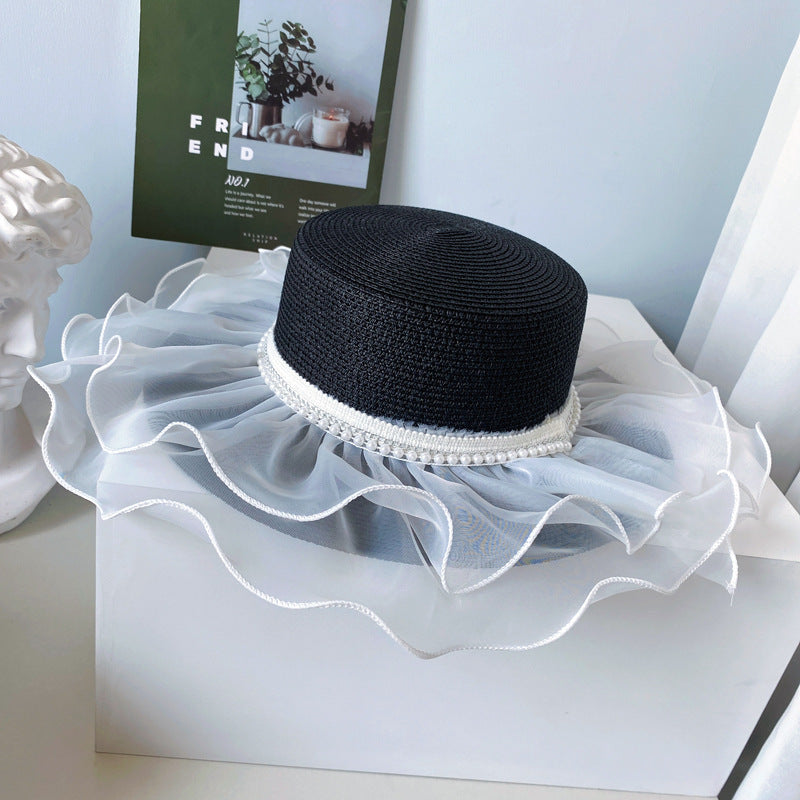 Lolita Style Flat Top Hat Women Summer Sunscreen Straw Hat