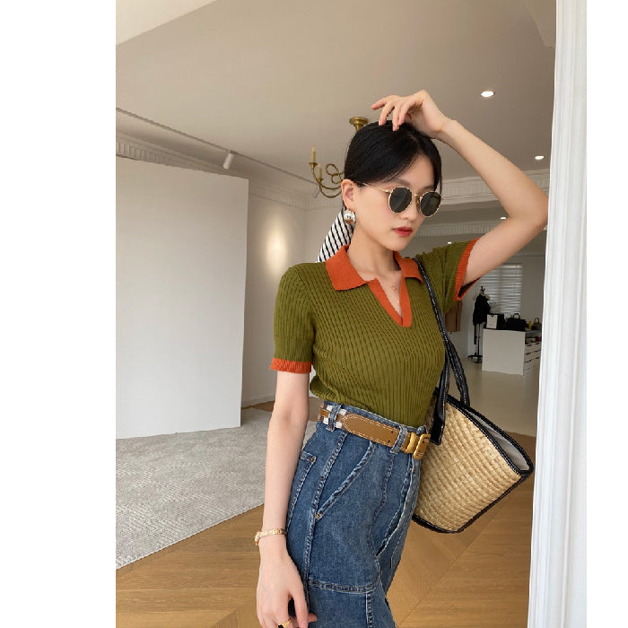 Contrast Color V Neck Short Sleeved Sweater