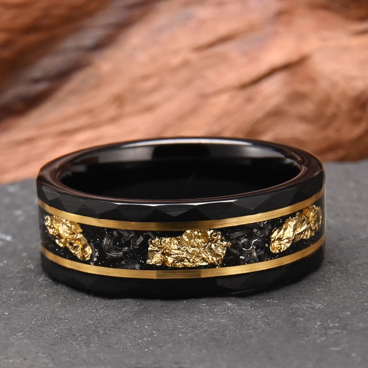 8mm Tungsten Steel Flat Hammer Pattern Electric Black Ring