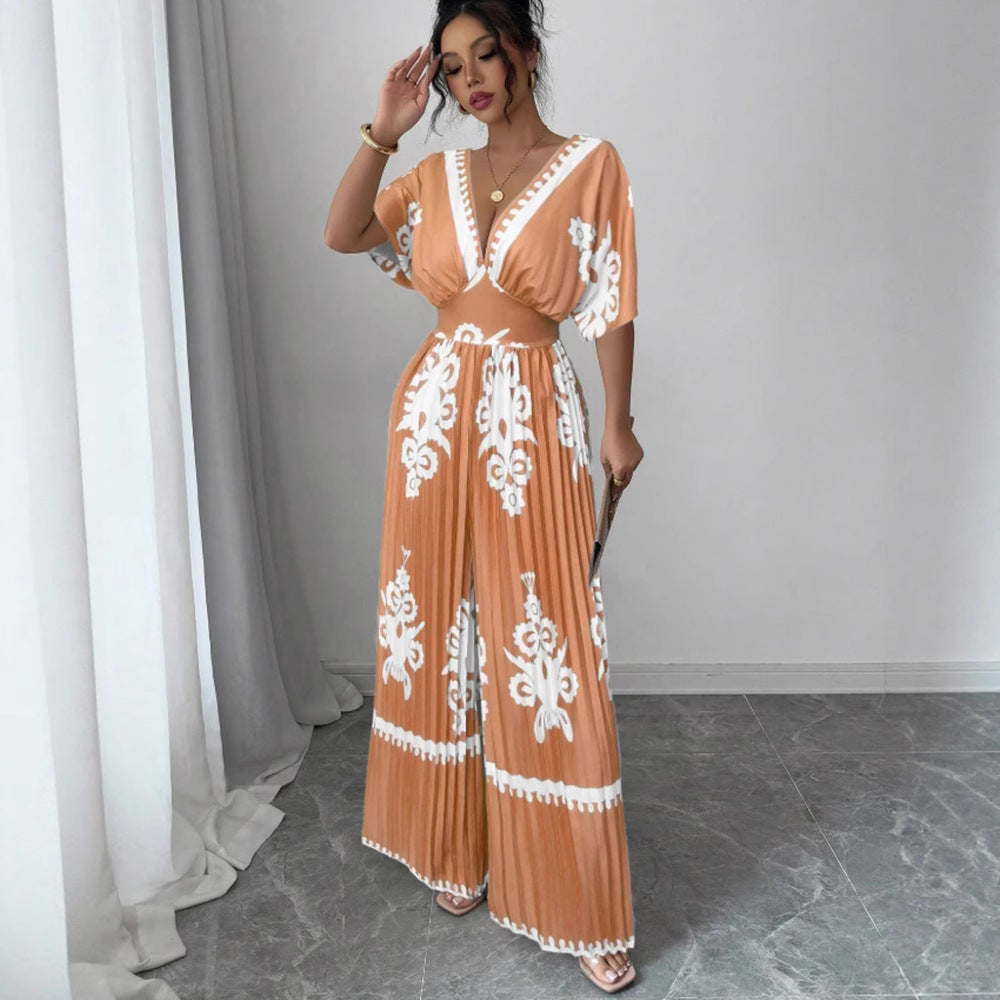 Casual Printed Loose Short-Sleeved Jumpsuit