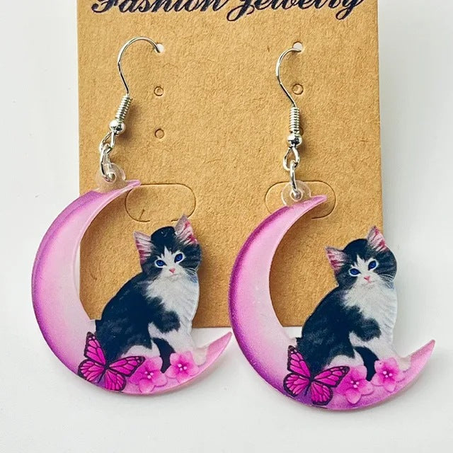 Funny Earrings Acrylic Cat Disco Laser Sphere Moon Alien Universe Fly