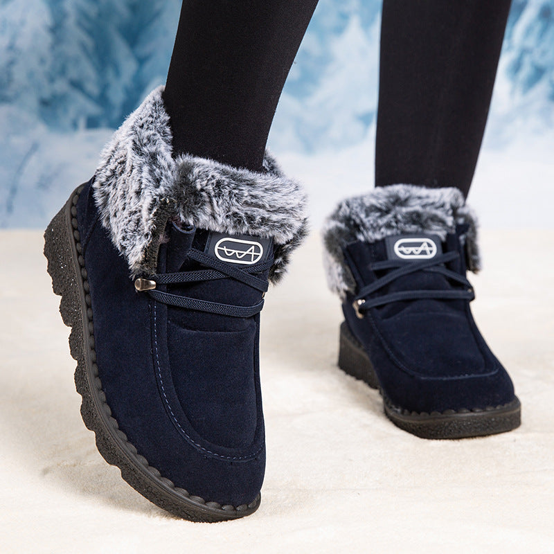 Women's Flat Round-Toe Laced Faux Fur Thicker Short Boots