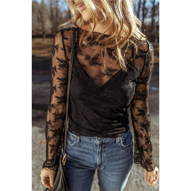 Slim-Fit Slimming Bottoming Shirt Women's Lace Long-Sleeved Top