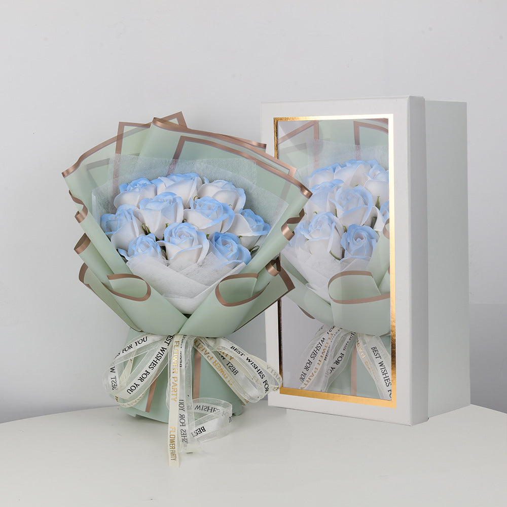 Valentine's Day Ice Crushing Blue Rose Flower Soap Bouquet Gift Box