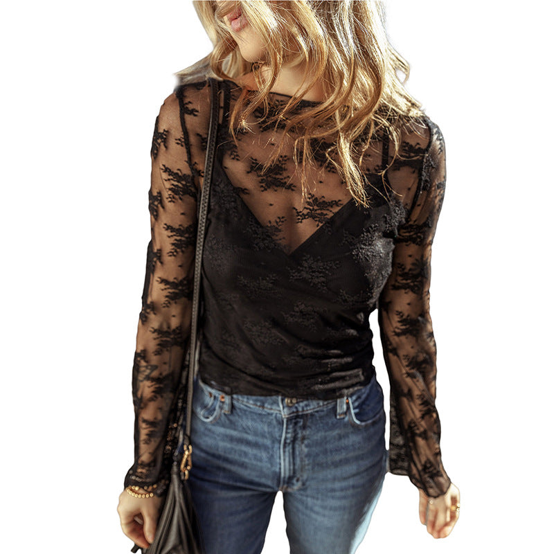 Slim-Fit Slimming Bottoming Shirt Women's Lace Long-Sleeved Top